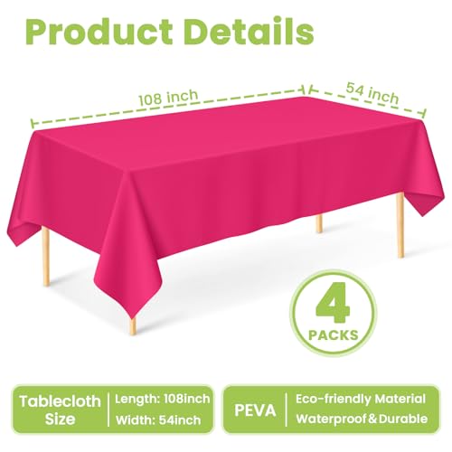 Image of Mulbozy Hot Pink Plastic Table Cloth Disposable 4 Pack, 54 x 108 Inch Tablecloths Rectangle, Dark Pink Plastic Table Cover for Party Decor