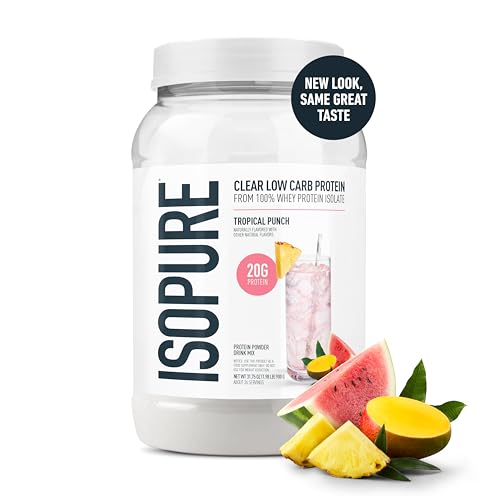 Isopure Clear Whey Isolate Protein Powder, Lactose Free, Gluten Free, Naturally Flavored, Tropical Punch, 20g Protein Per Serving, 1.9 Lbs, 36 Servings (Packaging May Vary)