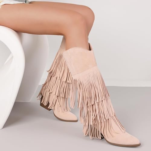 Image of Cowgirl Boots Women Retro Pull On Block Chunky Suede Fringe Cowboy Boots | Pointed Toe,Concert Outfits Knee High Western Boot, Country Boots,Tall Boot for ladies Party concert