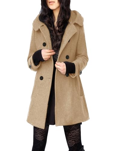 Tanming Women's Warm Double Breasted Wool Pea Coat Trench Coat Jacket with Hood (Khaki-L)