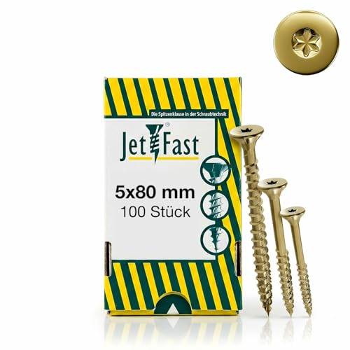 Jet-Fast Premium Universalschrauben 5,0 x 80 mm, 100 Stück, Duo-Senkkopf, Selbstbohrspitze, Teilgewinde, TX, Gelb Verzinkt, Holzschrauben, Spanplattenschrauben, Cut-Spitze, German Quality