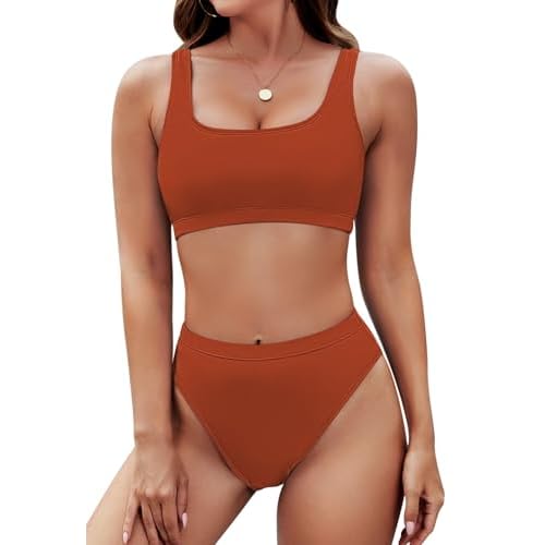 Pink Queen Women's Crop Top High Waisted Cheeky Bikini Set Two Piece Swimsuits X-Large 01 - Burnt Orange
