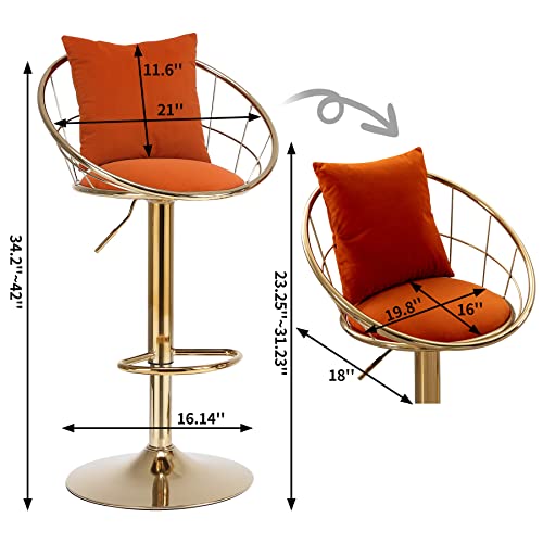 Homtique Bar Stools Set Of 2, Velvet Counter Height Bar Stools With Back, Adjustable Height Barstools With Gold Base & Pillow, Swivel Bar Chairs For Kitchen Island, Dining Room,Pub (Orange) #TOP2