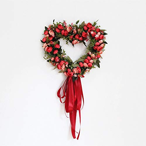 Landy 12-Inch Rose Flower Heart Wreath with Silk Ribbon, Peony Flowers Garland Wreath