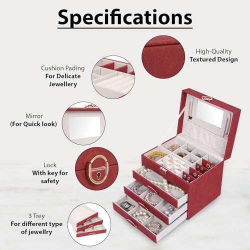 Image of BucketList Luxury PU Leather Jewellery Organizer Box with Mirror & Lock | 3 Drawer Jewelry Storage Case with Ring Rolls & Compartments (4 Drawers Jewelry Box with Mirror (Red))