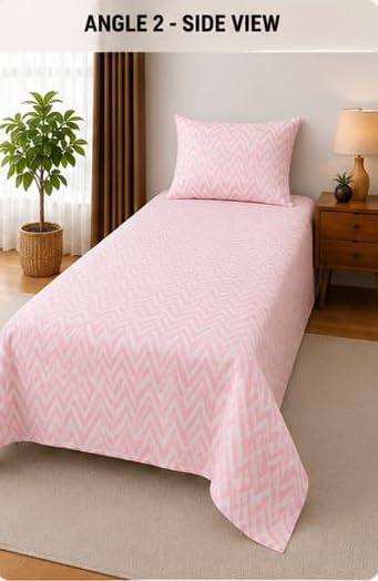 Image of 210 TC Glace Cotton Soft Cotton Zig Zag Design Flat Queen Size 60x90 inches Bedsheet Set - Lightweight & Durable 1 Bed Sheet with 1 Pillowcase 17x27 inches Pink