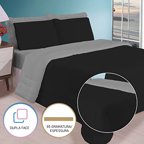Jogo de Cama Casal Enxoval com Edredom e Jogo de Lençol 6 Peças (Preto e Cinza)