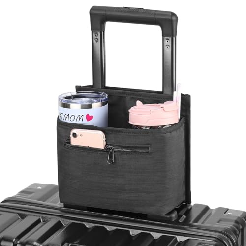 Luggage Travel Cup Holder Attachment for Suitcase Drink Carrier Caddy, Coffee Mug and Tumblers, Traveler Carry on Hands Free Accessory- Gifts for Flight Attendants Travelers Accessories- Black