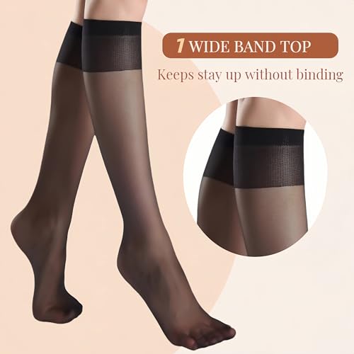 leg elegant Sheer Knee High Stockings for Women, 6 Pairs Nude and Black Knee High Reinforced Toe Nylons Pantyhose for Women2
