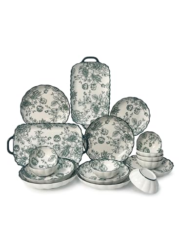 L&Wen 18Pcs Dinnerware Set Ceramic Tableware Sets Plates and Bowls Kit Dishwasher Microwave Safe-Dark Green Rose