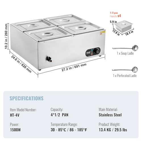 VEVOR kommerzieller Speisenwärmer 4 x 8 Qt Behälter elektrischer Dampftisch, 1500 W professionelles Buffet-Wasserbad aus Edelstahl für die Arbeitsplatte mit Temperaturregelung von 30 bis 80 °C Silber – Bild 8