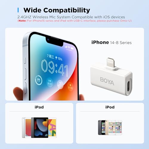 Image of BOYA Omic-D-W Wireless Lavalier Microphone for iPhone,Noise Cancelling iPhone Microphone Wireless with Magnetic Clip,18H Battery MFi Certified Lapel Microphone for iPhone /iPad Youtube Vlog Video-White