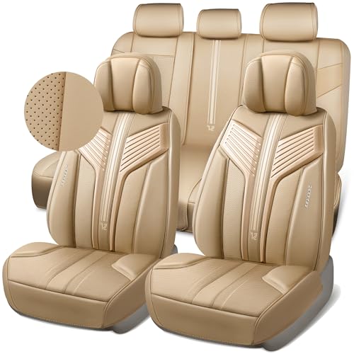 Image of CAR PASS Nappa Leather Seat Covers, Breathable Waterproof Car Seat Covers Full Set, Luxury 3D Sponge Support Full Coverage Seat Protector, Universal Fit SUV Pick-up Truck Sedan Automotive All Beige