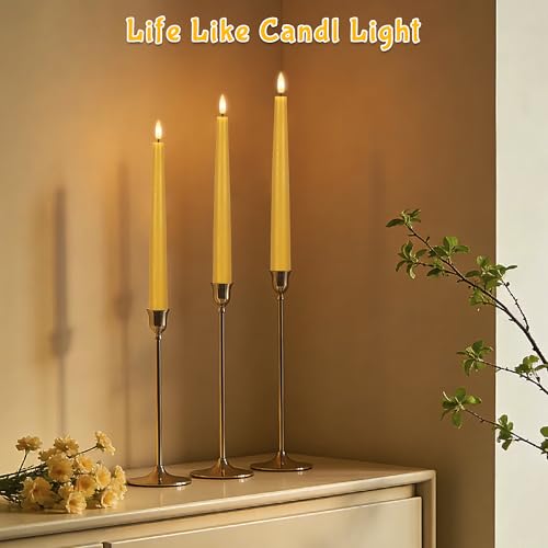 Image of Yellow Flameless Taper Candles with Remote, 9.6 Inches Real Wax Battery Operated Candles, 3 Pack Flickering LED Candlesticks, Tall Taper Fake Candles for Home, Wedding, Party