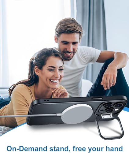 Image of Elzzi PC Kickstand Mag Safe Case For iPhone 16 Pro Max, Built-in Adjustable Camera Stand, Translucent Matte Magnetic Mag-Safe Shockproof Case Phone Cover (Black Titanium)