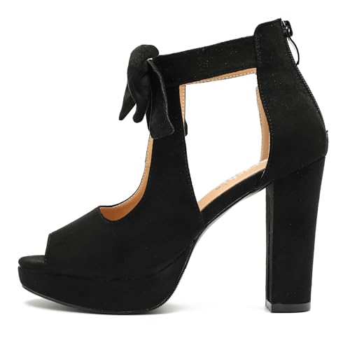 Image of fereshte Women's Bow Chunky Heel Sandals, Platform High Heel, Peep Toe, 3.94 Inch Block Heel