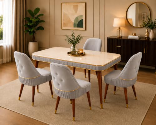 Image of WOODEN SPACE Majestic 4 Seater Wooden Dining Table Set | Urban Marble Top Dining Table with Chairs for Dining Room & Kitchen (Modern Grand Aura Light Grey) (54 x 36 x 30 inch)