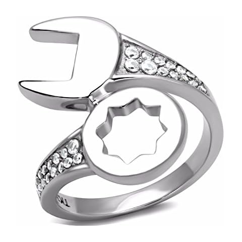 Lanyjewelry Round Clear CZ on Mechanic Wrench Tool Stainless Steel Mens Ring - SIZE 8 Cover