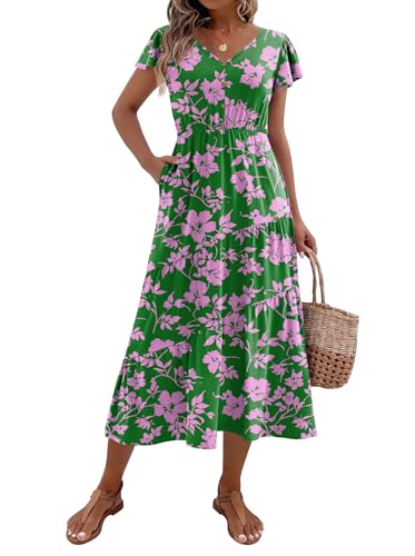 Image of Zeagoo Women's Summer Casual Dress Flutter Short Sleeve V Neck Button Down Tiered Flowy Long Dress with Pockets