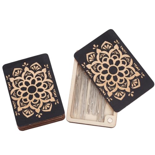 AHANDMAKER 2 pcs Wooden Needle Box Sewing Needle Storage Box Sewing Pins Organizer Exquisite Printed for Quilters, Sewers, Tailors, Black,3.15x1.97x0.14 Inch