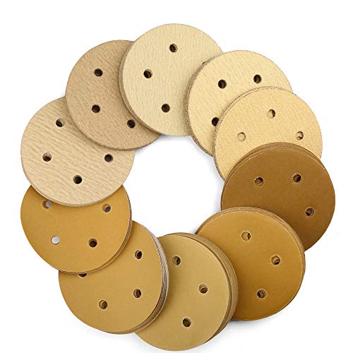 LotFancy 5 Inch 5 Holes Sanding Discs - 100PCS 60 80 120 180 220 320 400 600 800 1000 Grit Assorted Sandpaper, Random Orbital Sander Sandpaper, Hook and Loop Round Sand Paper