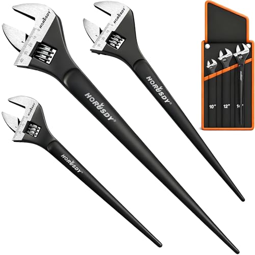 HORUSDY 3-Piece Adjustable Spud Wrench Set 10 12 16 CR-V Steel SAE & Metric Scale Black Oxide Finish Heavy Duty Wrenches for Construction Mechanical Repair DIY and Outdoor Projects