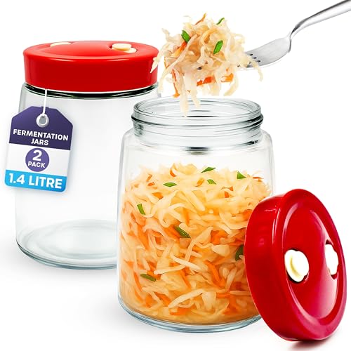 Frascos de Fermentación con Sistema de Airlock de 1.4 litros - 2 paquete Fáciles de Usar Fermentador para Encurtidos, Kefir de Agua, Chucrut, Kimchi, Kombucha Kit y Frascos para Masa Madre