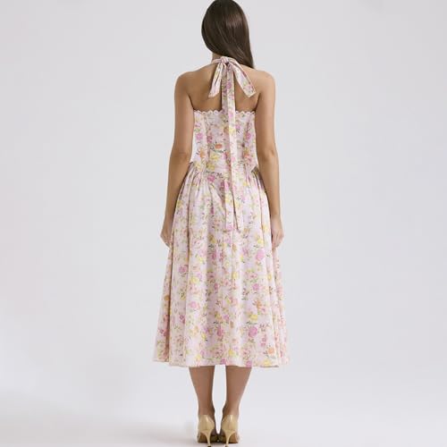 Image of Women Floral Corset Dress Halter Neck Low Cut Bustier Lace Midi Dress Flowy Pleated Hem Long Sundress with Pockets