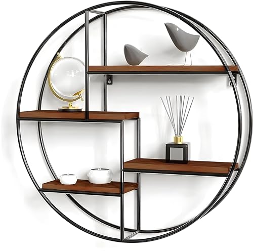 Image of Dime Store Metal Round Floating 4-Tiers Shelves Wooden Bookshelf for Home Wall Decorative Racl Shelf for Living Room & Bedroom (Black & Brown)