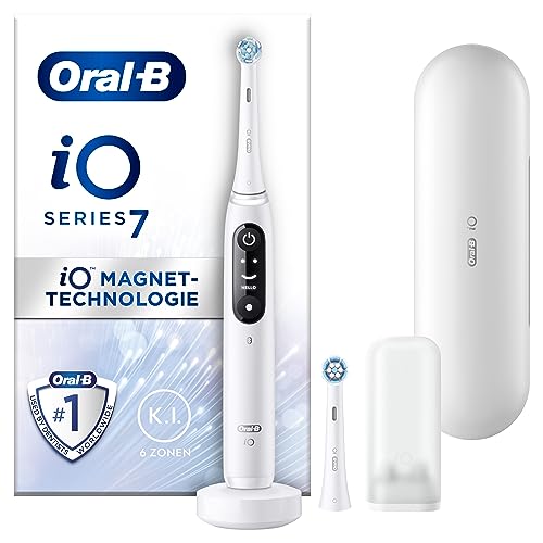 Oral-B iO Series 7 Elektrische Zahnbürste/Electric Toothbrush, 2 Aufsteckbürsten, 5 Putzmodi für Zahnpflege, Valentinstagsgeschenk für Ihn/Sie, Display & Reiseetui, Designed by Braun, white alabaster