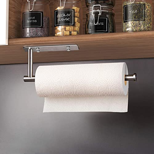 Image of VAEHOLD Self Adhesive Paper Towel Holder Under Cabinet Mount, Wall Mounted Paper Towel Roll Holder with Damping Effect for Kitchen, Bathroom, Wall - SUS304 Stainless Steel (Brushed Silver)