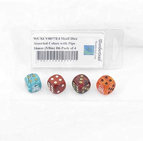 Skull and Crossbones Dice Assorted Colors with Pips 16mm (5/8in) D6 Pack of 4 Wondertrail
