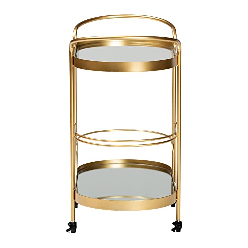 Baxton Studio Kamal Modern And Contemporary Glam Brushed Gold Finished Metal And Mirrored Glass 2-Tier Mobile Wine Bar Cart #TOP2