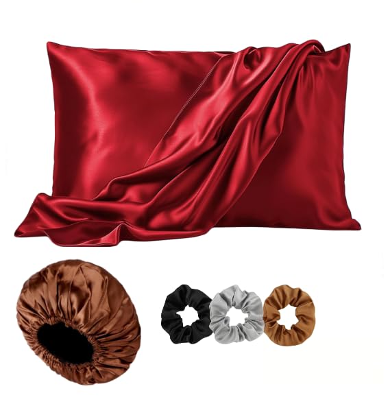 Image of Satin Pillow Cover with Silk Bonnet & 3 Premium Scrunchies - Hair & Skin Care Set for Women - Anti-Frizz Sleeping Combo - Gift Pack (Red)