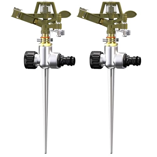 DEUBA Set de 2 Aspersores de riego césped con Espiga de Tierra Alcance de riego de 26m Giratorio 360° rociador Circular huertos