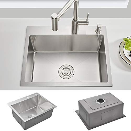 Rovogo 24 X 18 Inches Drop-In Kitchen Sink Single Bowl With 2 Holes, 304 Stainless Steel Handmade Residential Sink With Drain Kit #TOP1