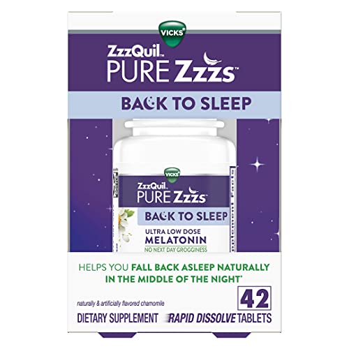 Vicks ZzzQuil Pure Zzzs Back to Sleep Rapid Dissolve Tablets, Low Dose Melatonin 0.3mg, Fast Dissolve, Designed for Middle of The Night Use, Count 42