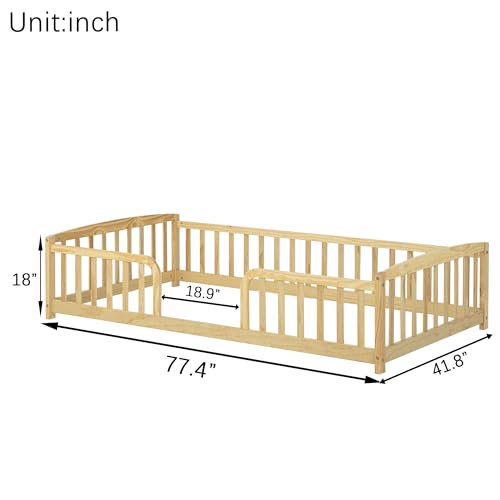 Image of Bellemave Twin Size Montessori Floor Bed Frame with High Fence, Solid Wood Kids Floor Bed with Central Entrance, Low Profile Bed for Boys & Girls, Rounded Corner Design,Natural