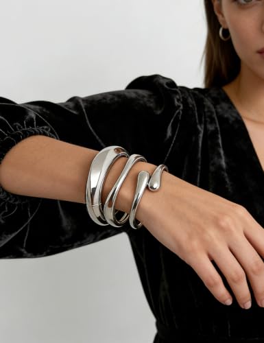 Image of Chunky Gold Bangle Bracelets for Women, Dainty 14k Gold Plated Big Stackable Bangles Set, Trendy Statement Cuff Bracelet Stack Fashion Jewelry Gifts