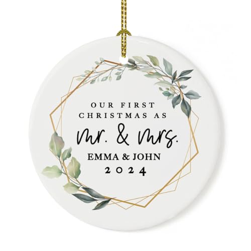 Andaz Press Personalized Our First Christmas As Mr. & Mrs. 2024 Christmas Ornaments Geometric Greenery 2.8