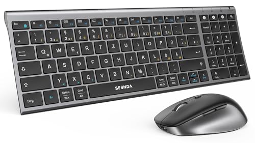 SEENDA COE401 Clavier Bluetooth avec souris, clavier sans fil pour Windows/Mac/iPad/Android | Clavier métallique ultra fin + souris sans fil silencieuse | Connexion 3 appareils, disposition QWERTZ