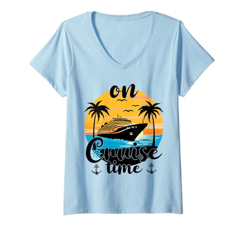 Womens On Cruise Time Beach Summer Vacation Matching Family Cruise V-Neck T-Shirt