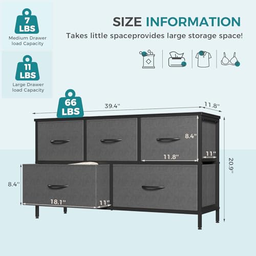 Image of OLIXIS Dresser for Bedroom with 5 Drawers, Wide Chest of Drawers, Grey | Chest of Drawers for Clothes Storage with Bins, Wide Fabric Bedroom Dresser, Wooden Top, Living Room