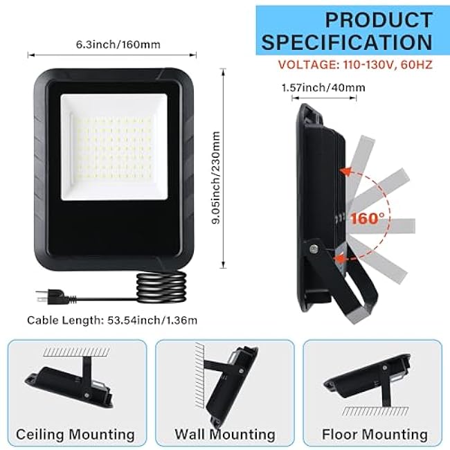 Simple Deluxe 2 Pack LED Flood Lights Outdoor, 70W 7000LM Super Bright Outside Work Light with Plug, IP65 Waterproof, 6500K Floodlight for Garage, Yard, Lawn