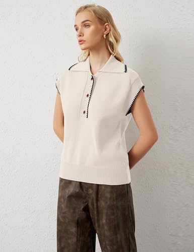 Image of MISSACTIVER Women Casual Button Down Lapel Collar Sweater Vest Sleeveless Knit Loose Fit Stripe Trim Pullover Tank Tops(Small,Apricot)