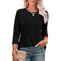 WIHOLL Womens 3/4 Sleeve Tops for Women UK Ladies T Shirts Crew Neck Blouse Curved Hem Size 14-16 Black