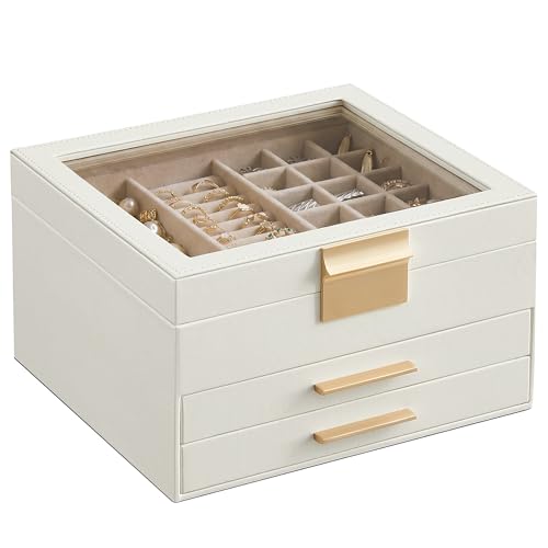 SONGMICS Colección GISELLA - Caja de Joyas, Caja Joyero de 3 Niveles, Estuche de Joyería, con 2 Cajones, Gran Capacidad, Estilo Moderno, Blanco Nube y Dorado, 20,3 x 23,1 x 13,5 cm JBC239WTV1