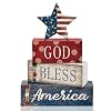4 Pcs Memorial Day Decorations Patriotic Tiered Tray Decorations 4th of July Table Sign Farmhouse Red White Blue Rustic Wood Block Stack Sign for Home Shelf MantelStar Independence Day