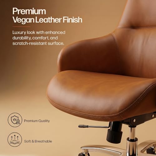 Image of DROGO Calista Ergonomic Office Chair for Work & Home with Premium Vegan Leather | Executive Boss Chair with 5 Cm Seat Depth Adjustment | 3-Point Tilt Recline Lock | Heavy Duty Metal Base (Tan)