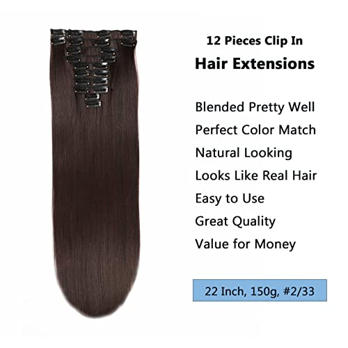JIAMEISI 22 Inch Clip in Hair Extensions Long Straight Hair Extensions Clip in 12Pcs Synthetic Fiber Full Head Clip in Hairpieces for Women Double Weft 2/33 Black mixed Dark Brown - Image 2